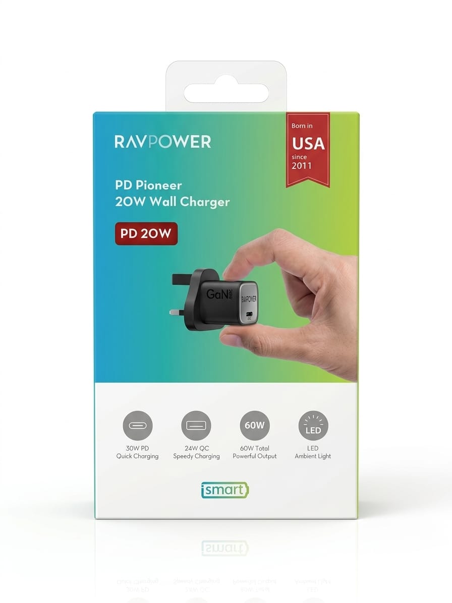 0d8d899b-8dea-477f-8bb3-85e7040dcd82 راس شاحن جداري سريع راف باور بمدخل تايب سي، 20 واط - اسود - الصورة 1